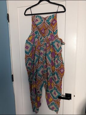 Printed Strapless Harem Jumpsuit in Teal, Purple & Yellow